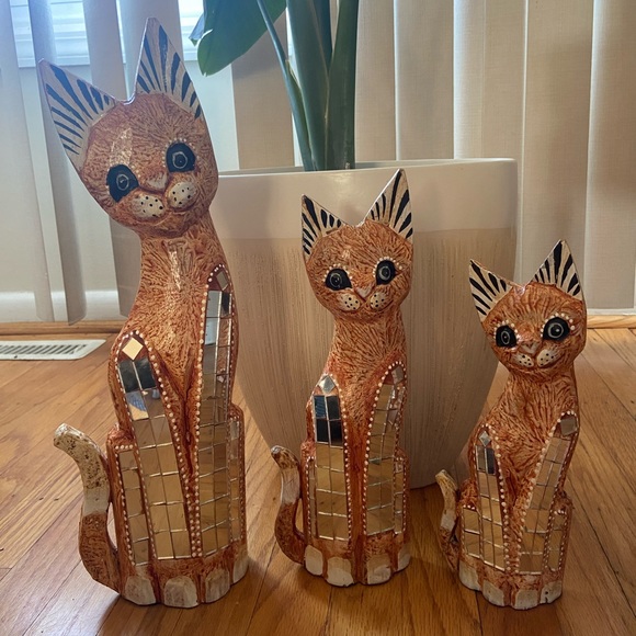 Vintage Balinese Wooden Art Hand Carved Tall Cat Statues Standing set of 3 - Picture 1 of 4